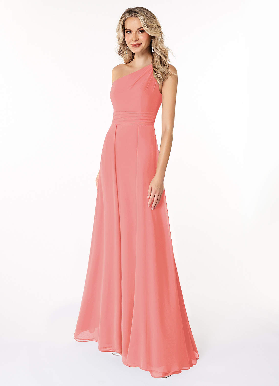 Azazie Dallas Vestidos de damas de honor Vestido de Coral de Gasa de Corte en A con Hombro unilateral image1
