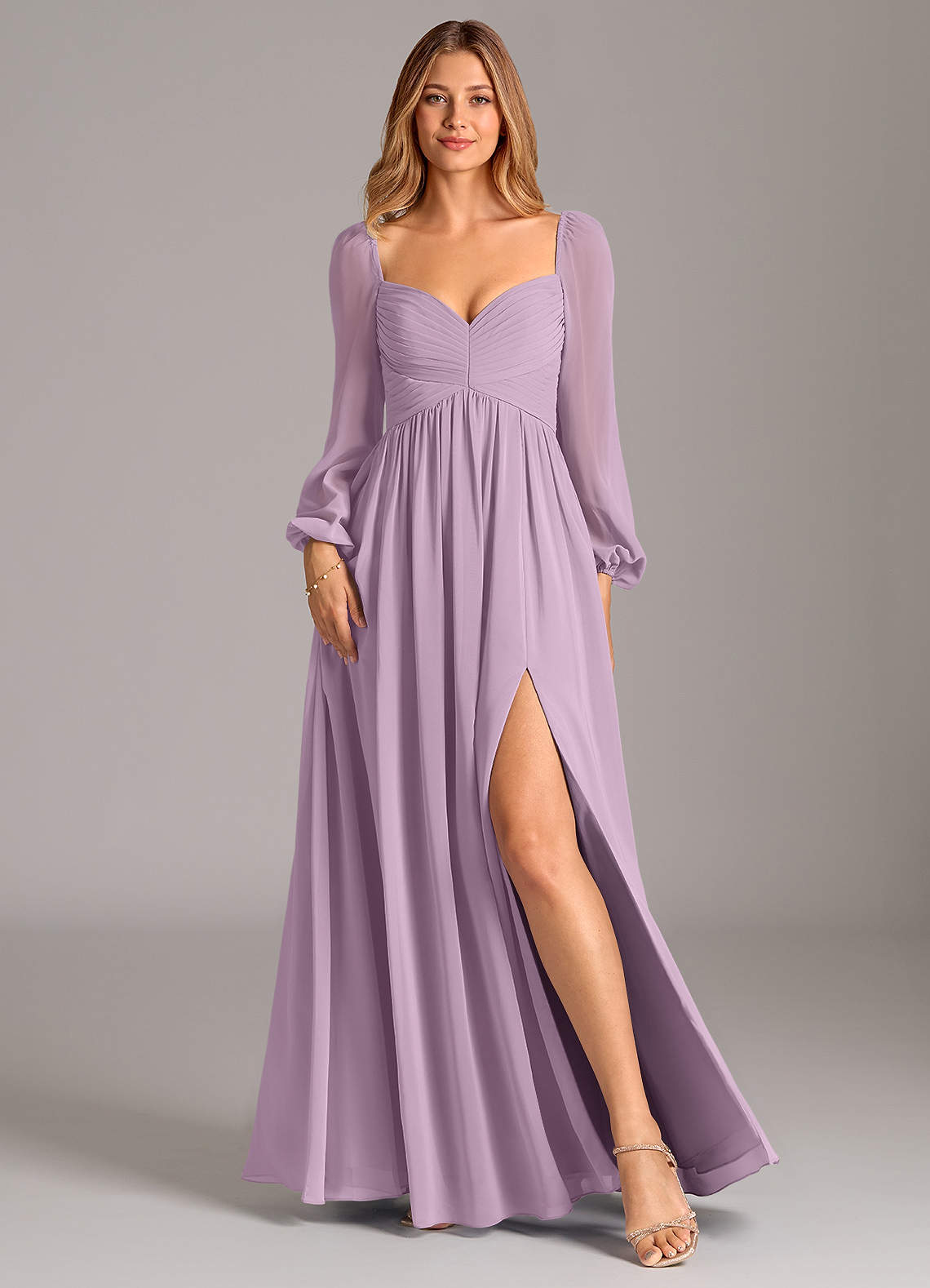 Azazie Bailee Bridesmaid Dresses Wisteria A-Line Long Sleeve Chiffon Dress image1