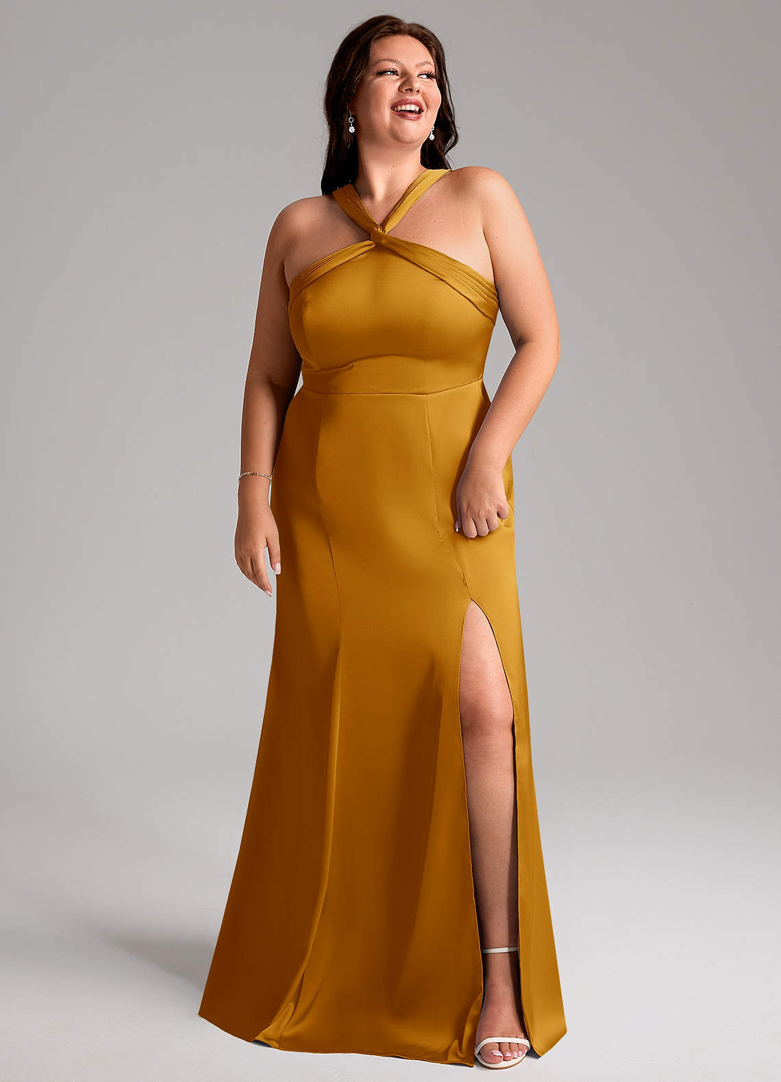 Azazie Rue Bridesmaid Dresses Butterscotch Mermaid Pleated Stretch Satin Dress image10