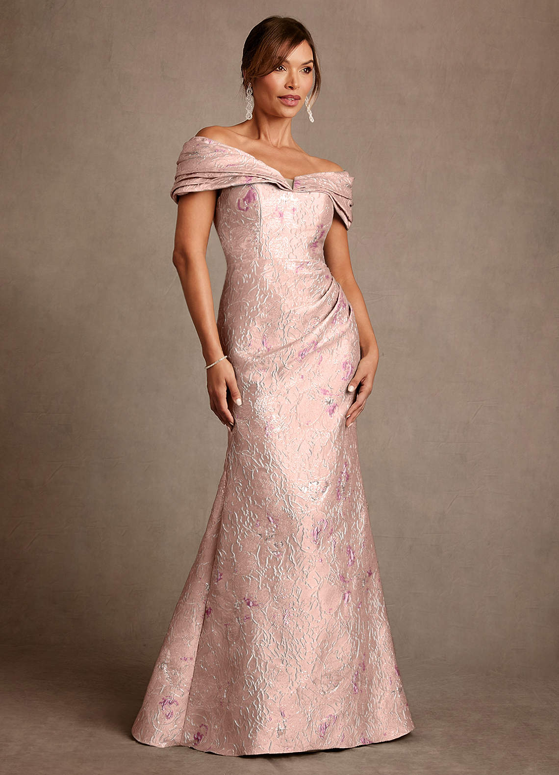 Azazie Adrian Coral Jacquard Sheath Off the Shoulder Floral