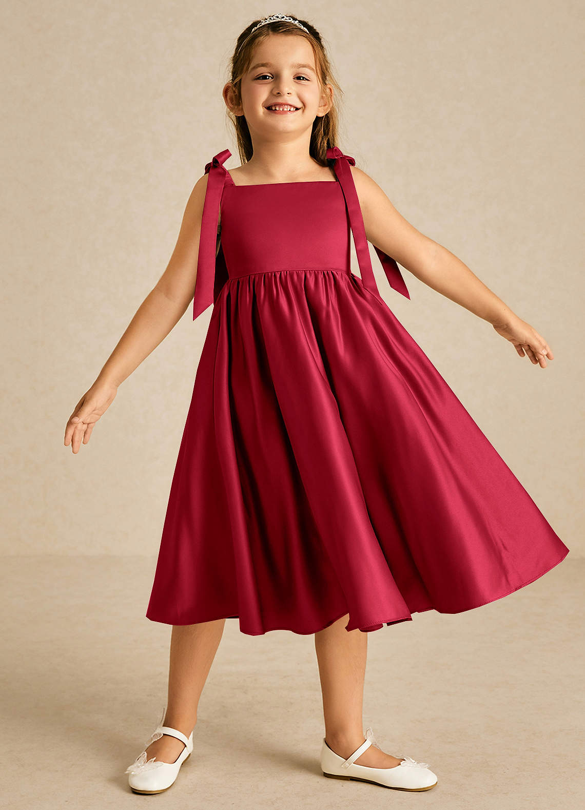 Azazie Chelsie Flower Girl Dresses Scarlet A-Line Bow Matte Satin Dress image1