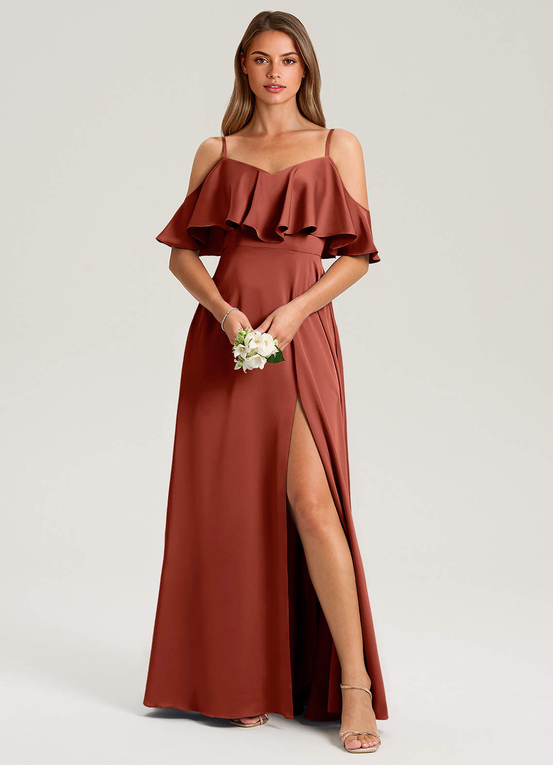 Azazie Jean Bridesmaid Dresses Terracotta A-Line Off the Shoulder Stretch Satin Dress image1