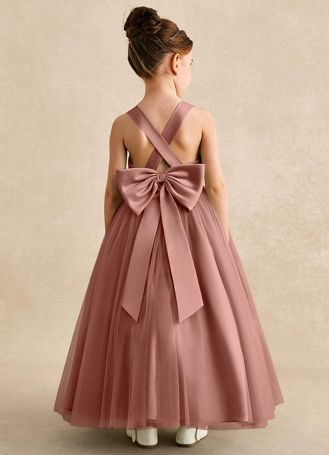 Azazie Peanut Robe Demoiselle D'honneur Fillette Robe Trapèze en Tulle Bretelle Rose De Cèdre image1