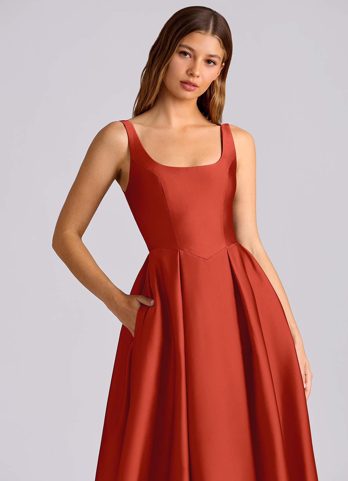 Azazie Amalie Brautjungfernkleider A-Linie Plissee Stretch-Satin Kleid Rost image1