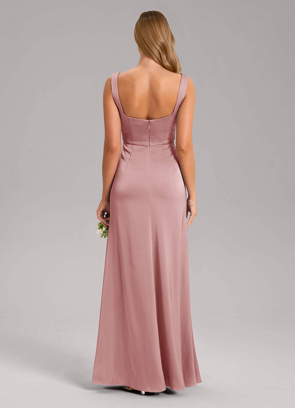 Azazie Frostine Vestidos de madrinha de casamento Vestido Rosa Empoeirada de Cetim elástico de Linha A com Arco image7