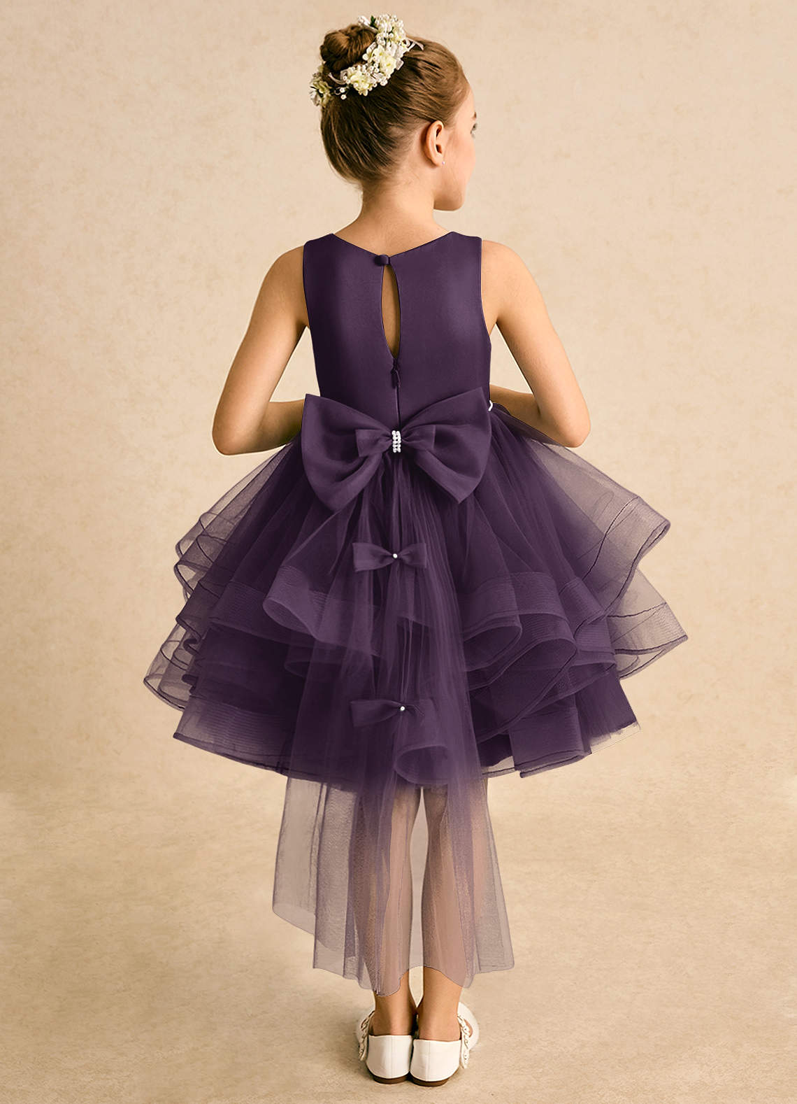 Azazie Tinie Flower Girl Dresses Plum Ball-Gown Bow Tulle Dress image1