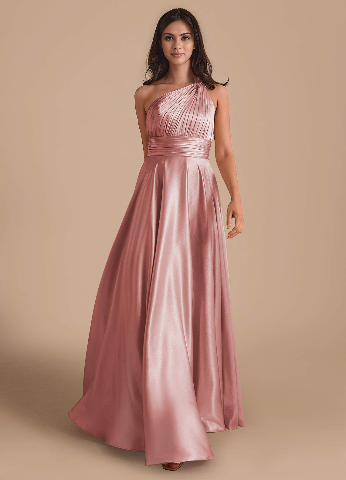 Azazie Charlize Bridesmaid Dresses Dusty Rose A-Line One Shoulder Metallic Satin Dress image1
