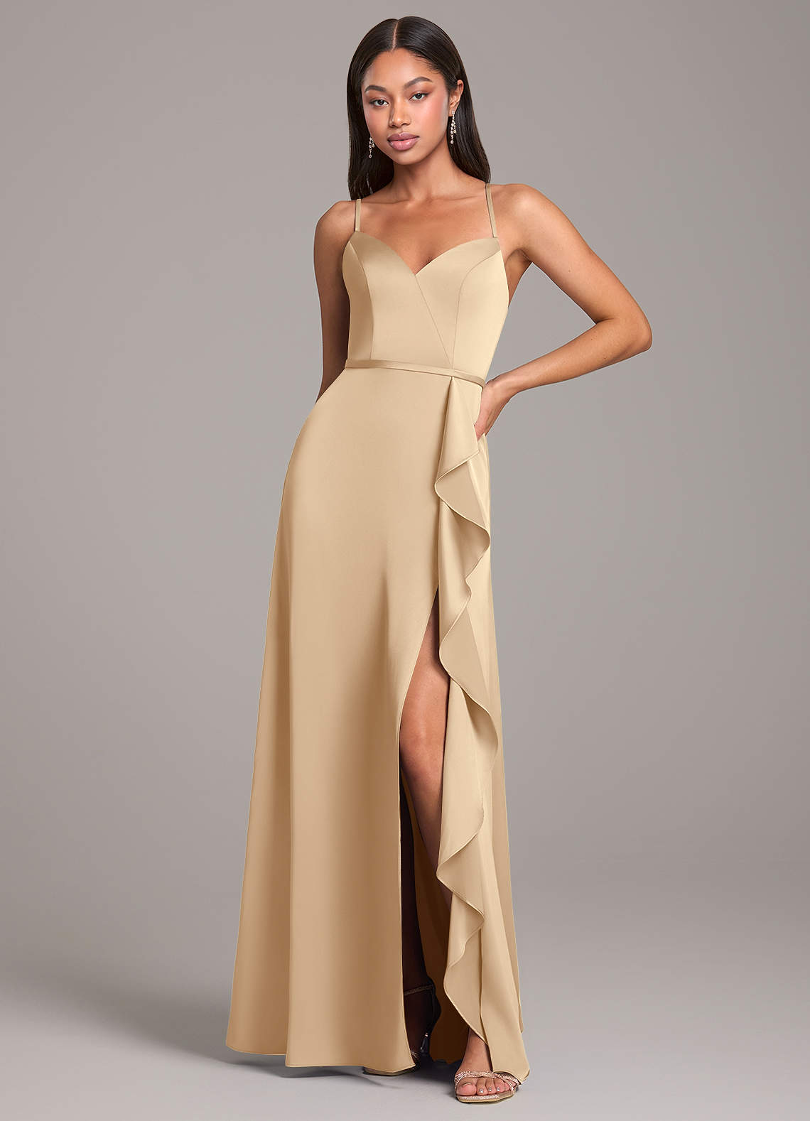 Azazie Naeem Bridesmaid Dresses Champagne A-Line Stretch Satin Dress image1
