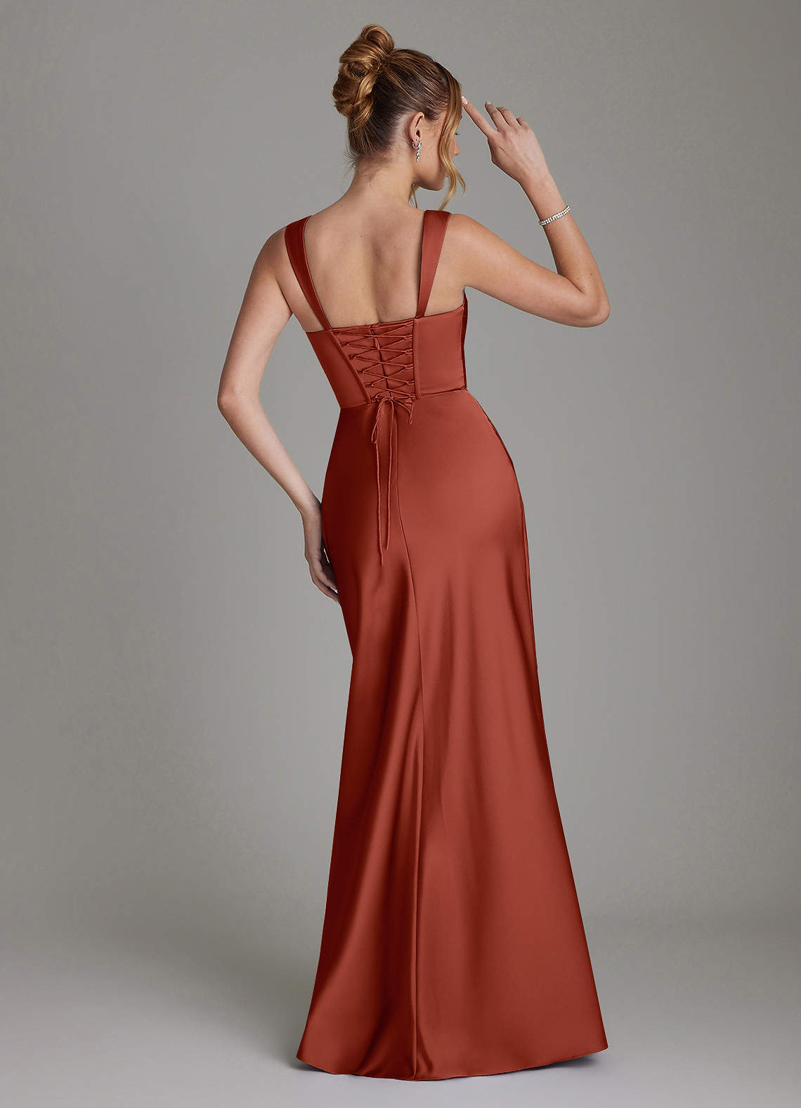 Azazie Agustina Robes de demoiselle d'honneur Robe Sirène en Satin extensible Corset Terracotta image1
