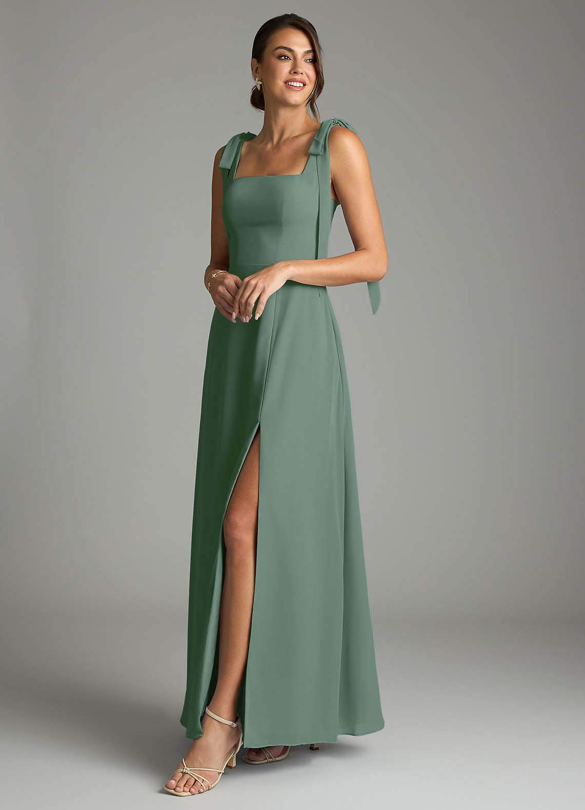 Azazie Debra Bridesmaid Dresses Eucalyptus A-Line with Pockets Chiffon Convertible Dress image7