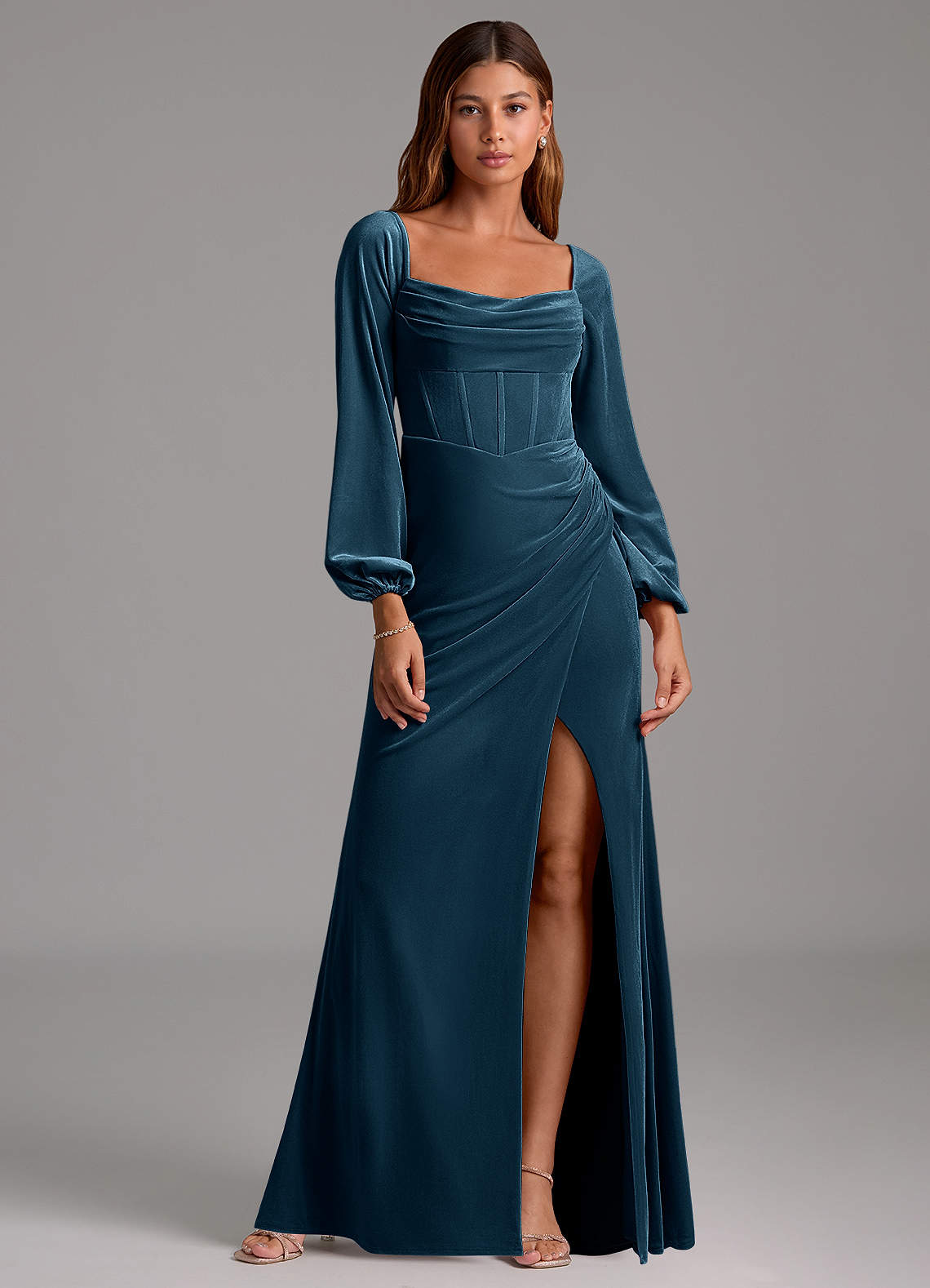 Azazie Charissa Jurken voor bruidsmeisjes Jurk van flueel met Kolom Lange mouw Blauwe Topaas image1