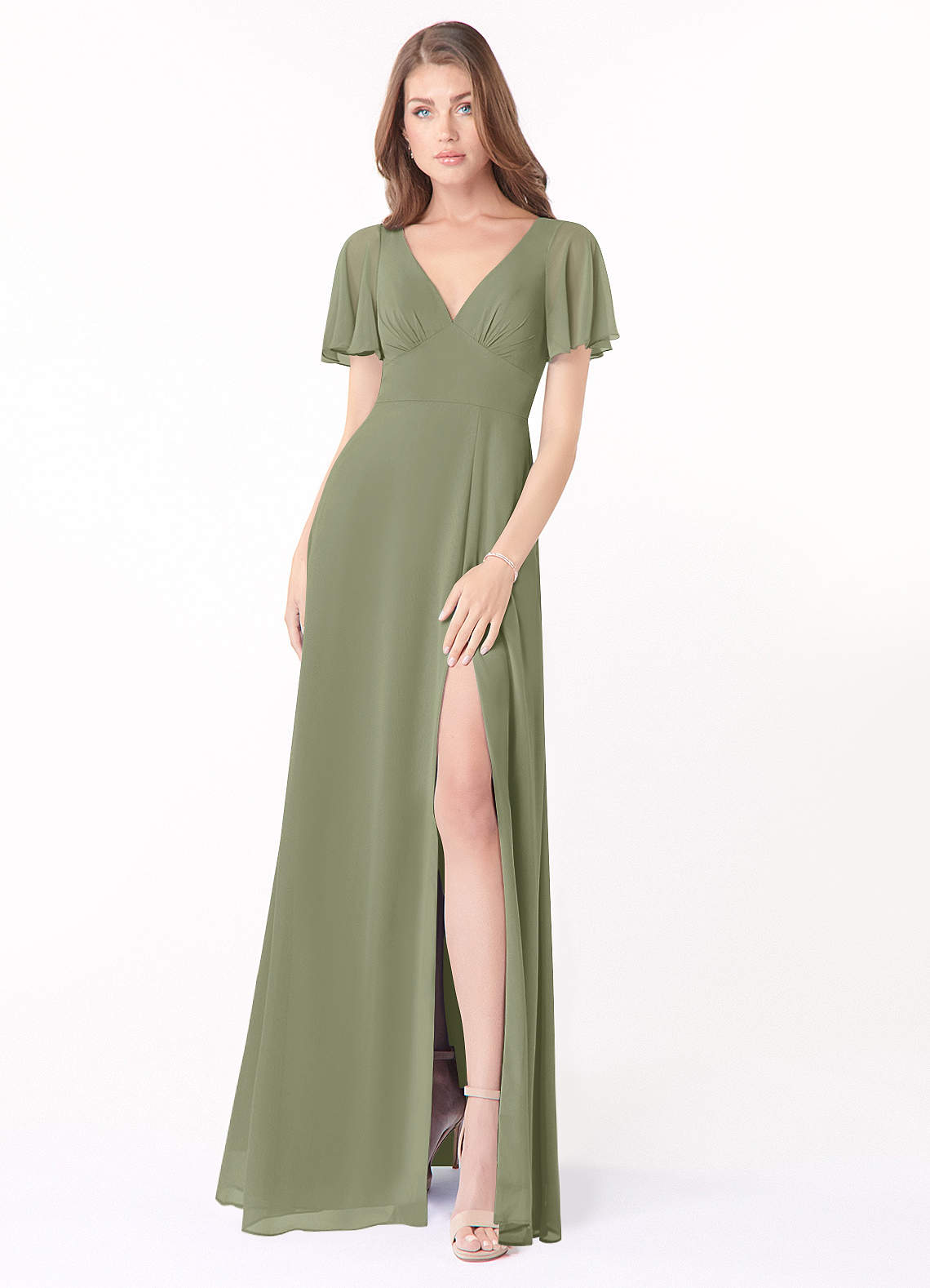 Azazie Kimber Bridesmaid Dresses Pistachio A-Line Flounce Sleeve Chiffon Dress image1