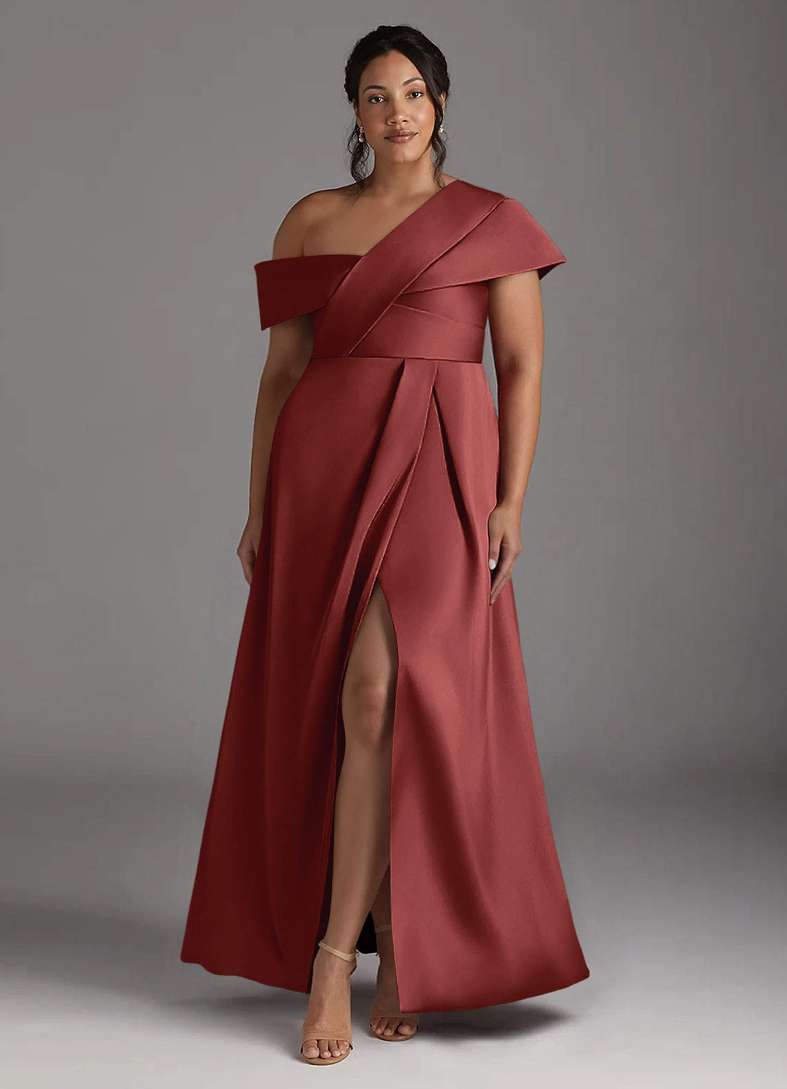 Azazie Milton Mère de la mariée Robes Robe Trapèze en Satin extensible Plissé Terracotta image1