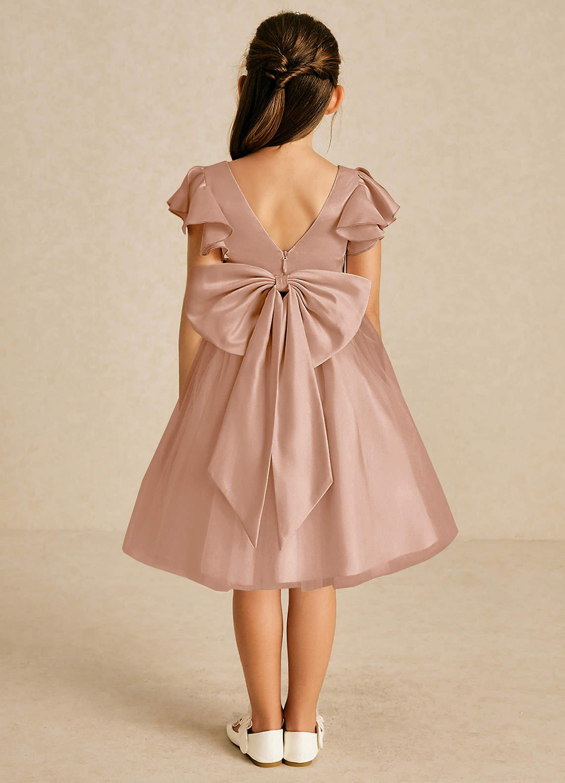 Azazie Kaeya Abiti da Ragazza di Fiori Abito A-Line in Tulle Fiocco Champagne Rosa image1