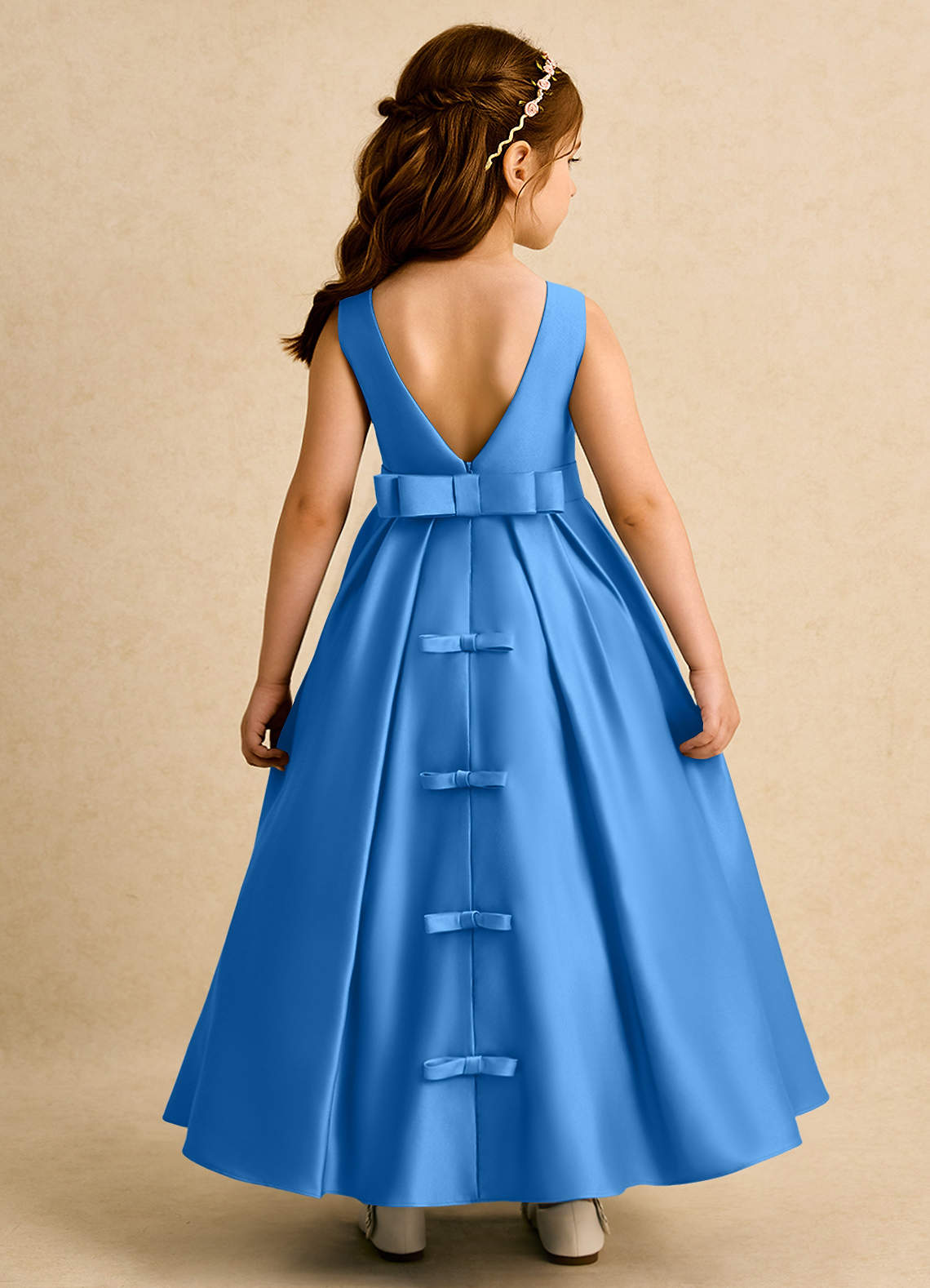 Azazie Mapel vestidos de niña de las flores Vestido de Azul Grisaceo de Satin Mate de Princesa con Plisado image1