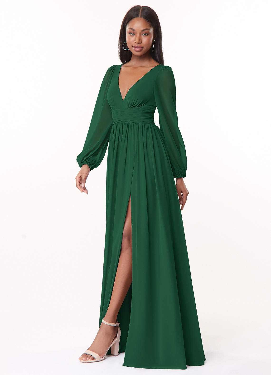 Azazie Norah Bridesmaid Dresses Dark Green A-Line V-Neck Long Sleeve Chiffon Dress image3