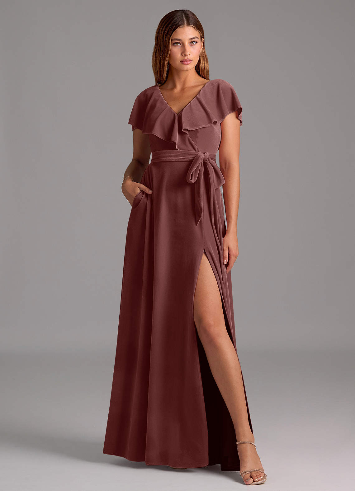 Azazie Lainey Brautjungfernkleider A-Linie Gestreift Samt Kleid Espresso image1