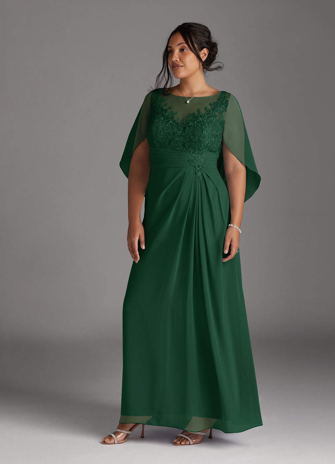 Azazie Hera Mother of the Bride Dresses Dark Green A-Line Lace Capelet Chiffon Dress image8