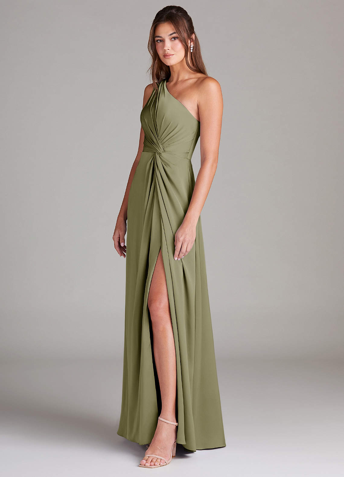 Azazie Brooke Bridesmaid Dresses Pistachio A-Line One Shoulder Stretch Satin Dress image4