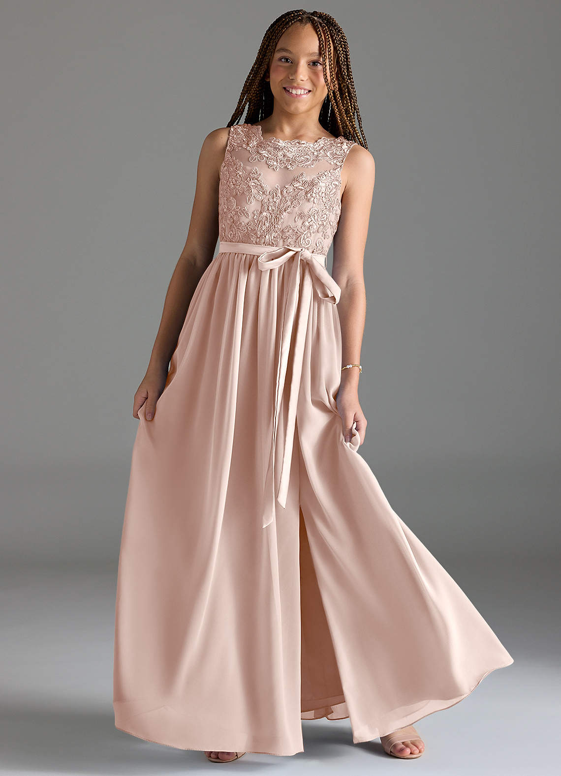 Azazie Elly Junior Abito A-Line in Chiffon Pizzo Petalo Di Rosa image1
