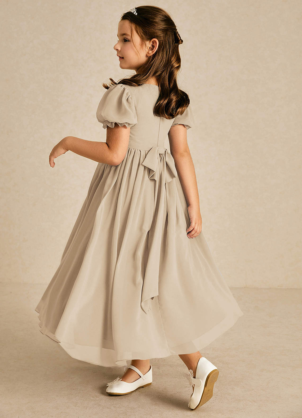 Azazie Joss Flower Girl Dresses Champagne A-Line with Sleeves Chiffon Dress image1