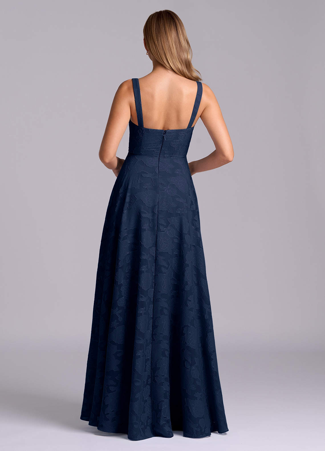 Azazie Shaude Bridesmaid Dresses Dark Navy A-Line Pleated Floral Burnout Dress image1