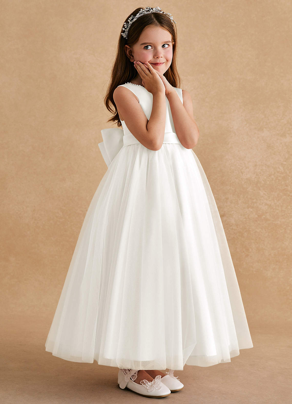 Azazie Cookie Flower Girl Dresses Ivory A-Line Bow Tulle Dress image2