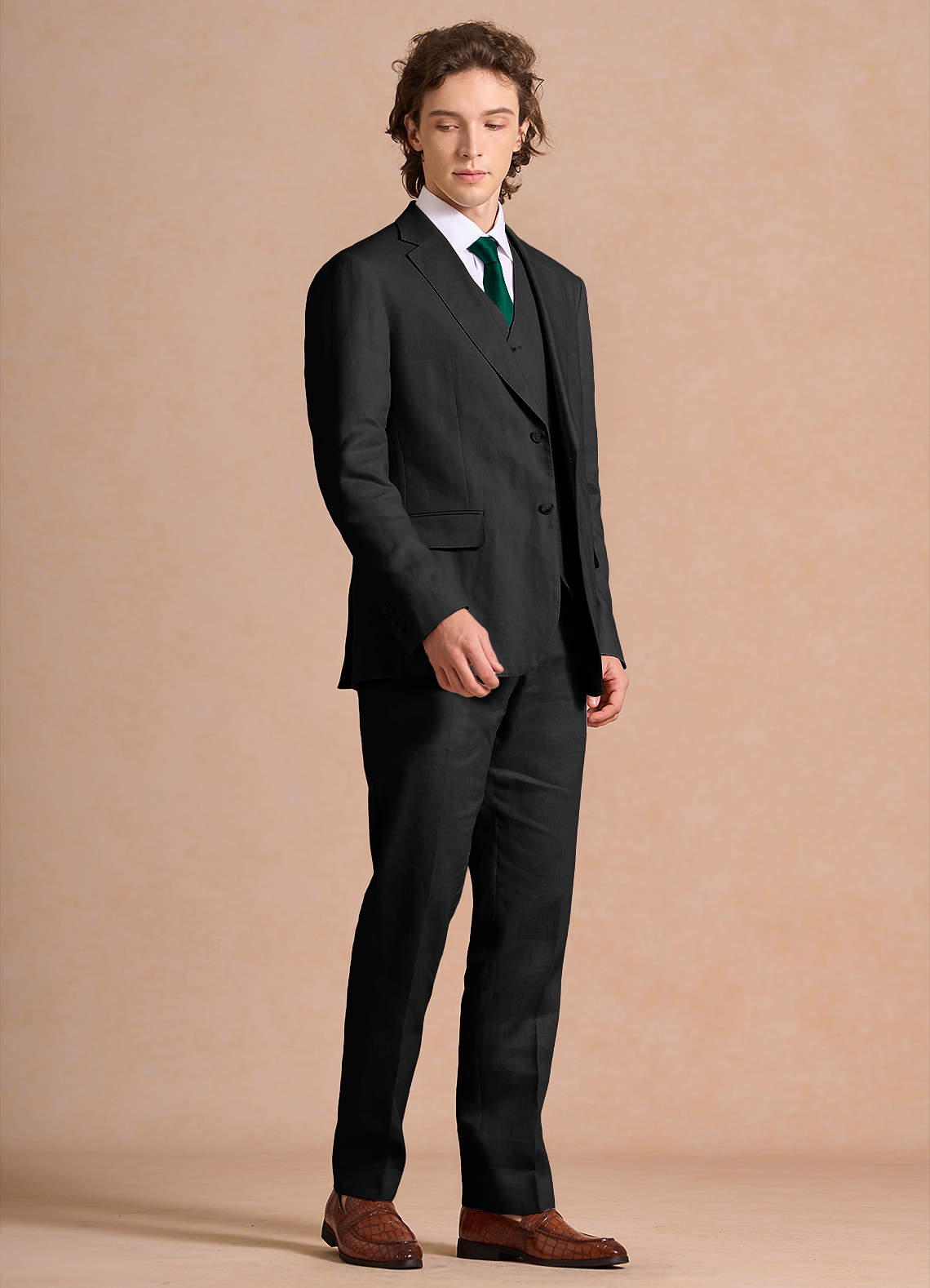 front Harrison Black 100% Linen 3-Piece Suit