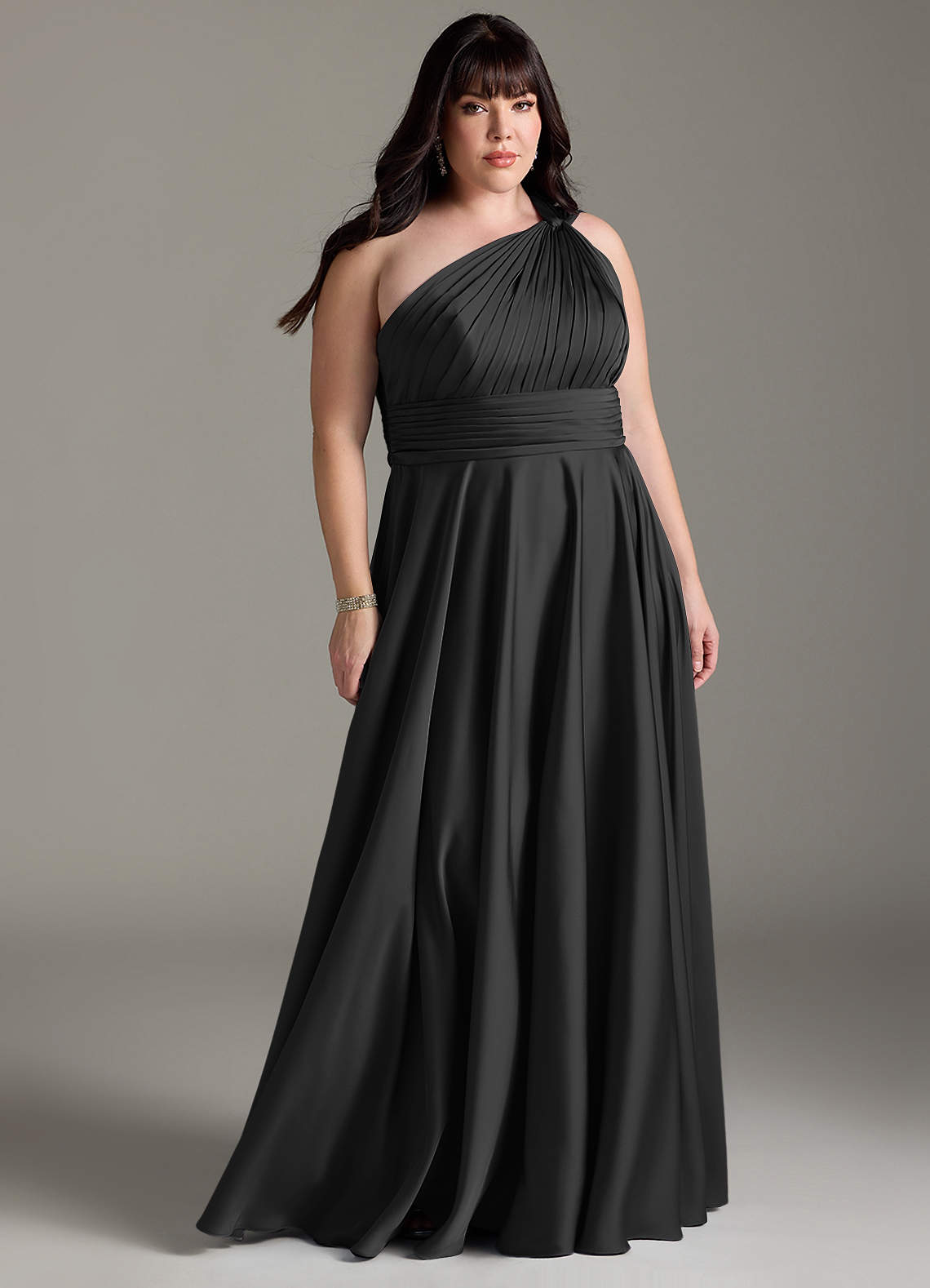 Azazie Charlize Bridesmaid Dresses Black A-Line One Shoulder Stretch Satin Dress image1
