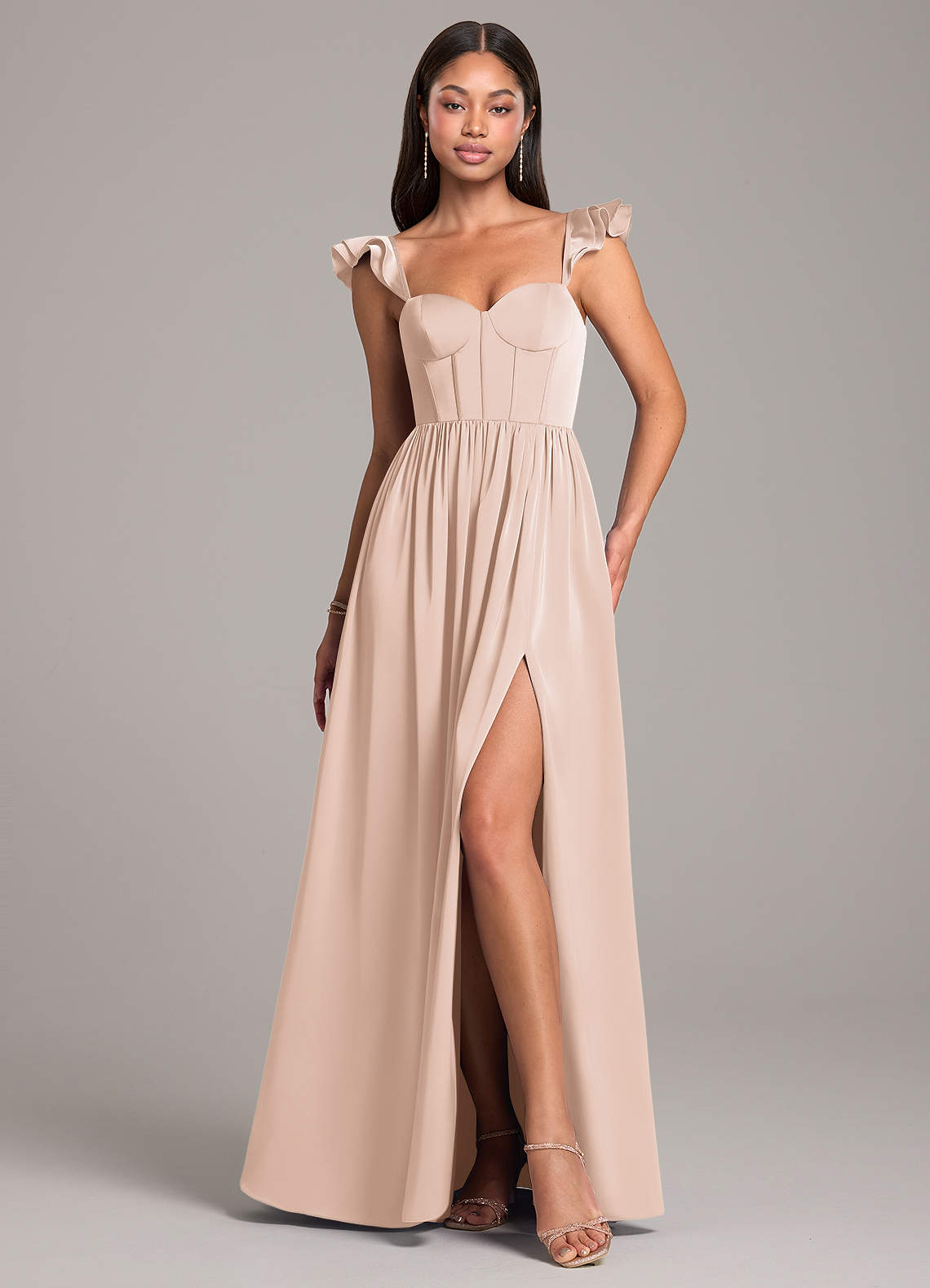 Azazie Denisse Bridesmaid Dresses Blushing Pink A-Line Ruched Stretch Satin Dress image1