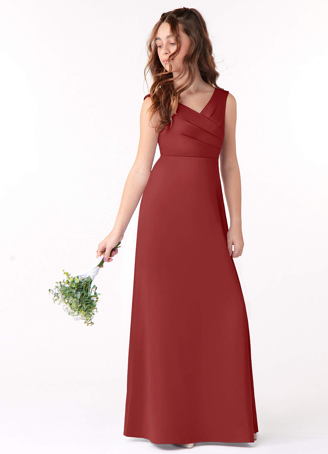 Azazie Sadia Junior Rust A-Line Pleated Matte Satin Dress image1