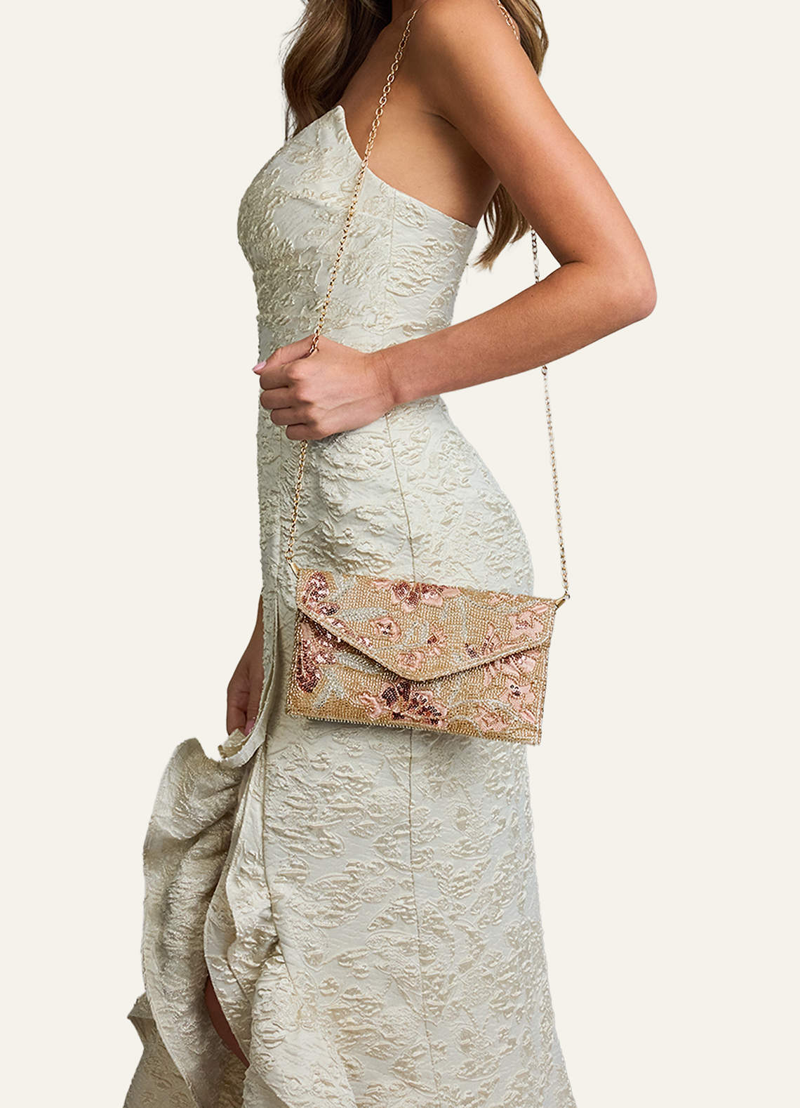 front Beaded Sequin Floral Envelope Clutch