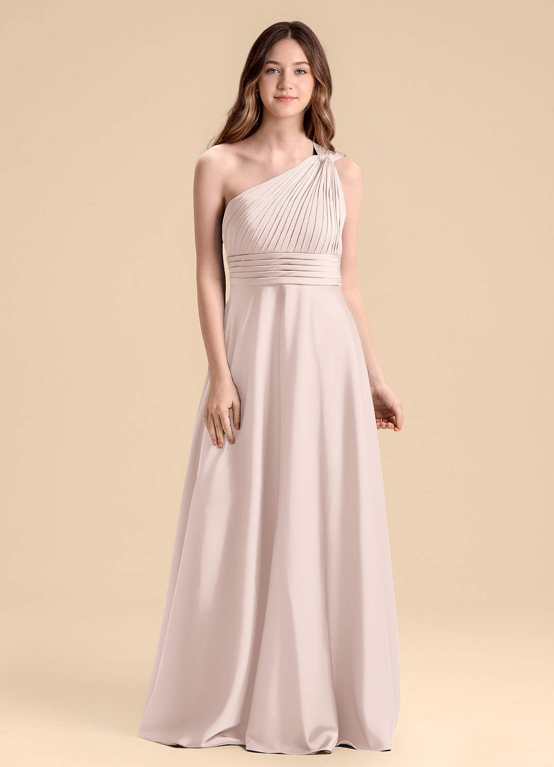 Azazie Charlize Junior Abito A-Line in Raso Elasticizzato Plissettato Rosa Rossore image1