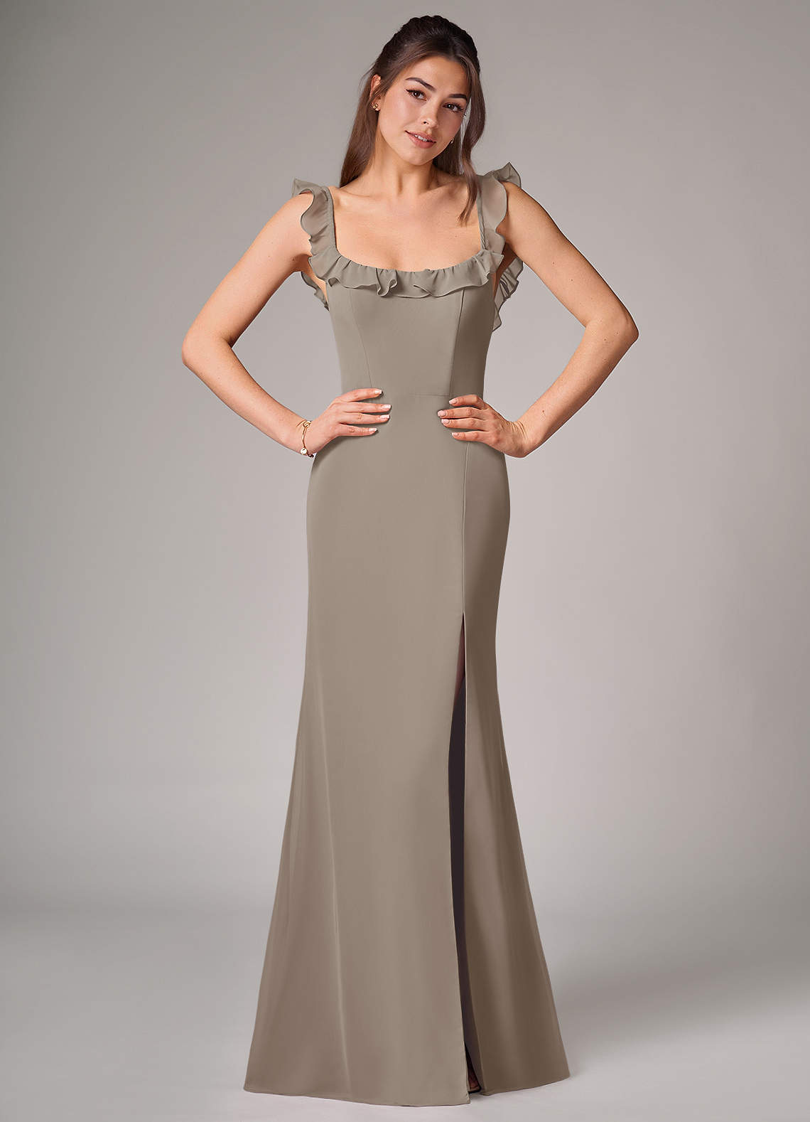 Azazie Callie Bridesmaid Dresses Taupe Mermaid Side Slit Chiffon Convertible Dress image1