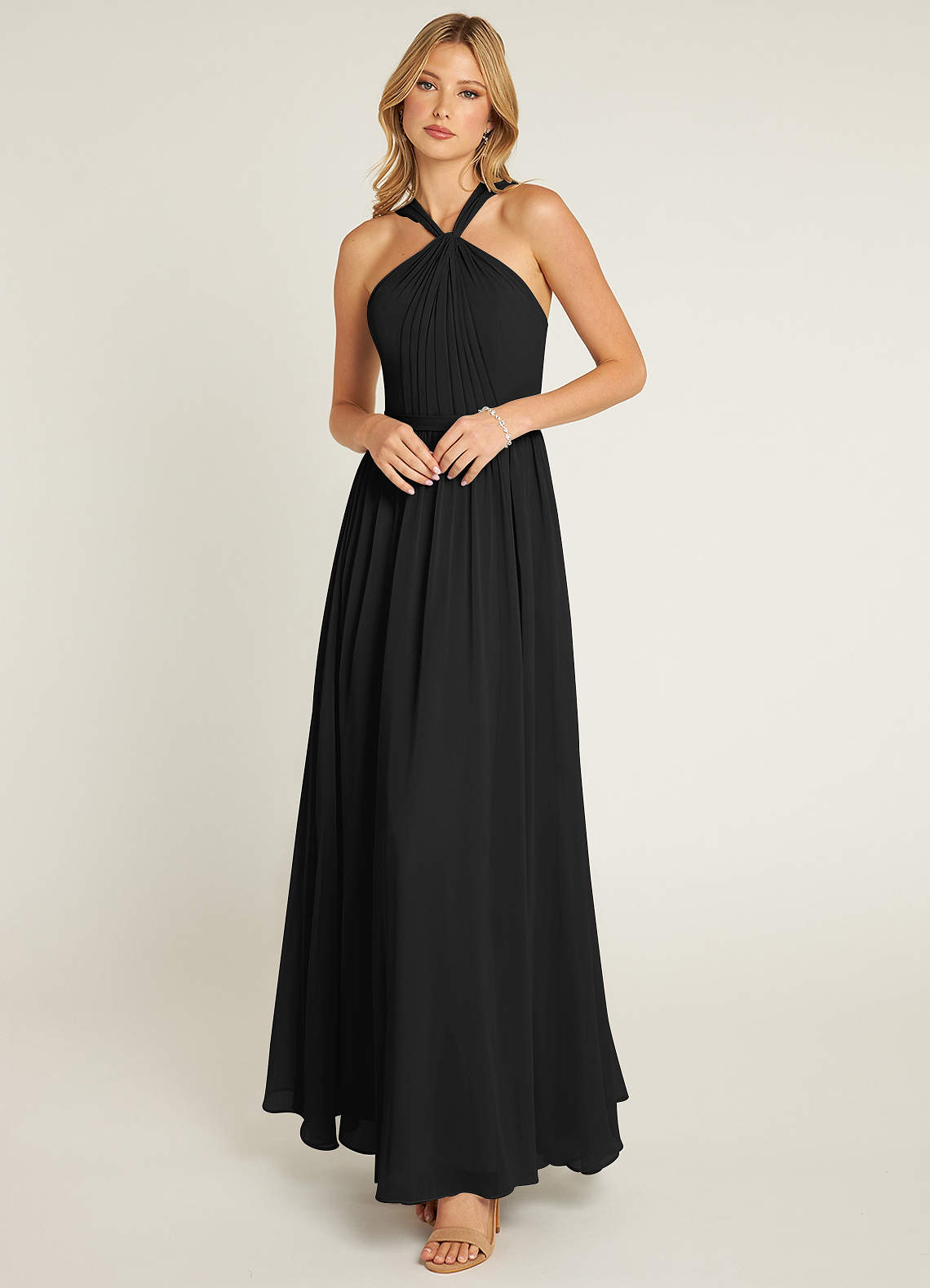 Azazie Jacey 신부 들러리 드레스 A라인 주름진 쉬폰 바닥 길이 드레스 image1