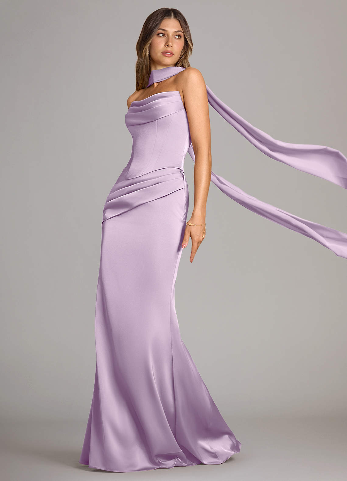 Azazie Sorrel Bridesmaid Dresses Frosted Lilac Mermaid Strapless Stretch Satin Convertible Dress image3