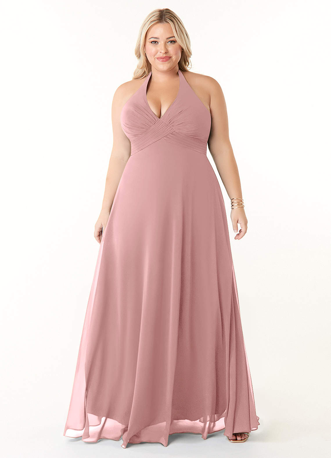 Azazie Tessie Vestidos de damas de honor Vestido de Rosa Polvorienta de Gasa de Corte en A con Cuello en V plisado image5