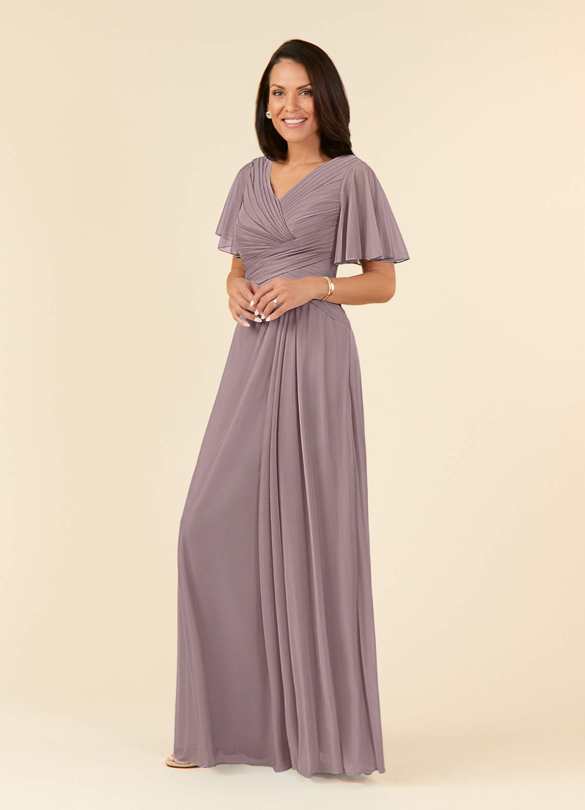 Azazie Emmeline Mother of the Bride Dresses Dusk A-Line V-Neck Pleated Mesh Dress image2