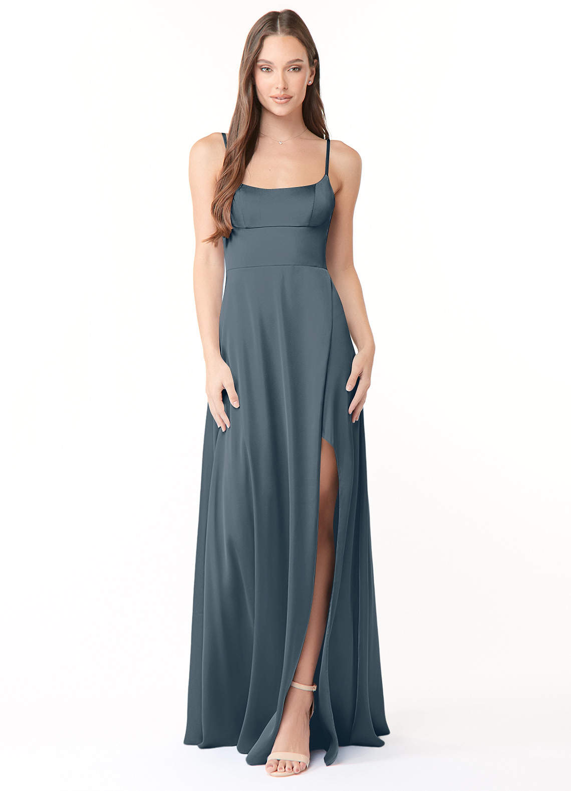 Azazie Halsey Bridesmaid Dresses Twilight Sheath Side Slit Stretch Satin Dress image1