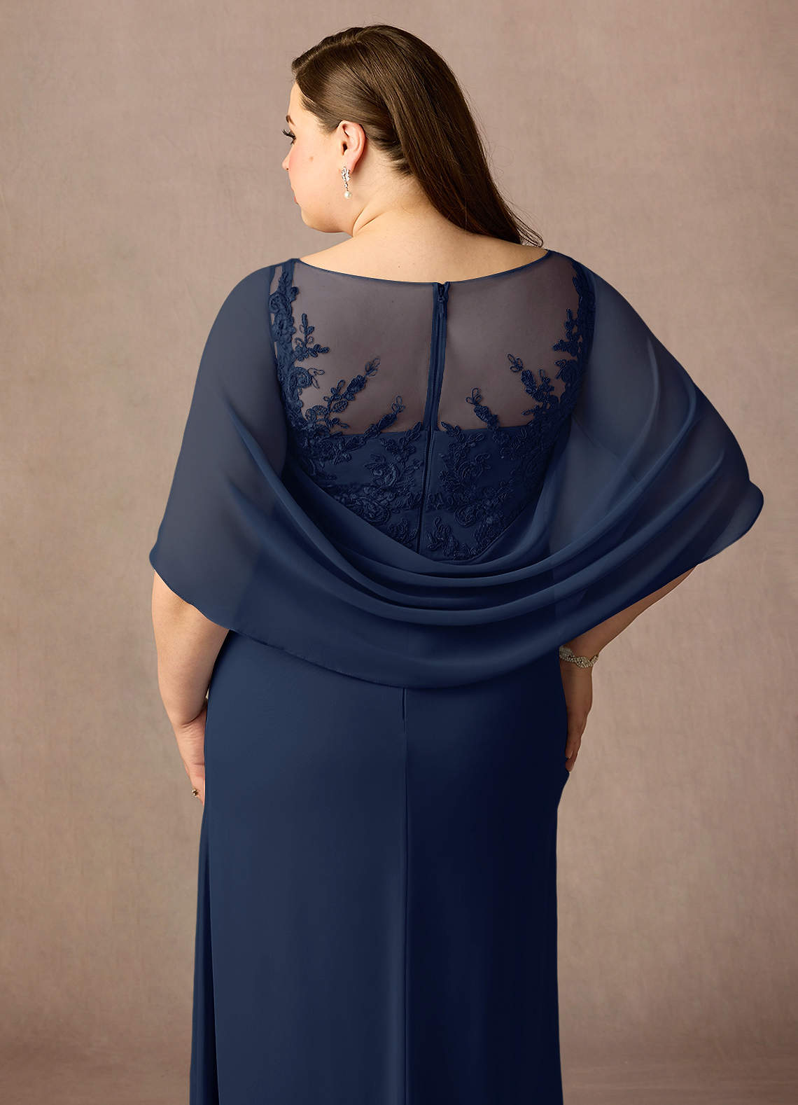 Azazie Hera Mother of the Bride Dresses Dark Navy A-Line Lace Capelet Chiffon Dress image11