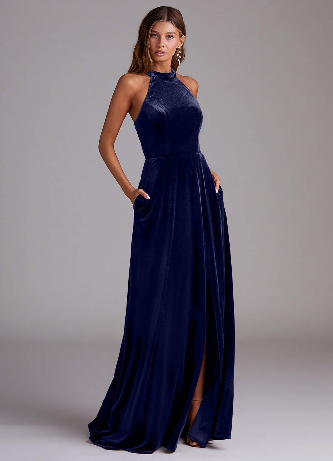 Azazie Larice Bridesmaid Dresses Dark Navy A-Line with Pockets Velvet Dress image1