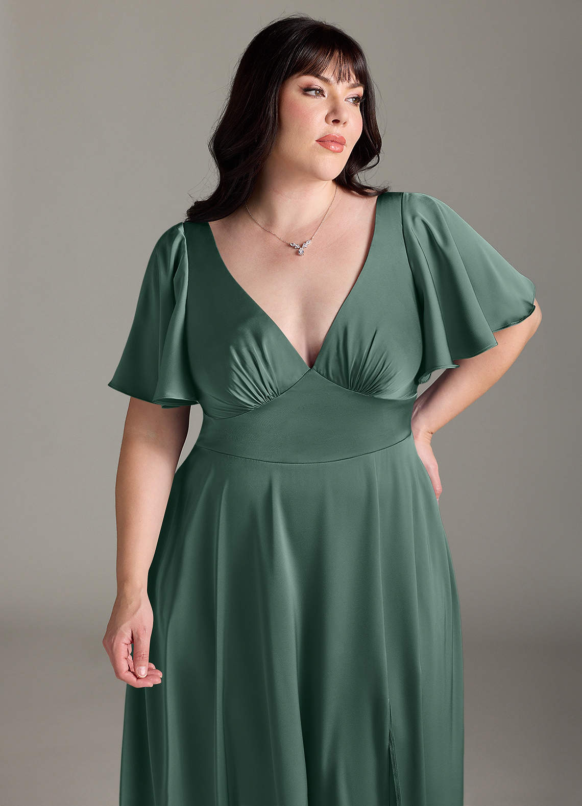 Azazie Kimber Bridesmaid Dresses Eucalyptus A-Line Ruched Stretch Satin Dress image10