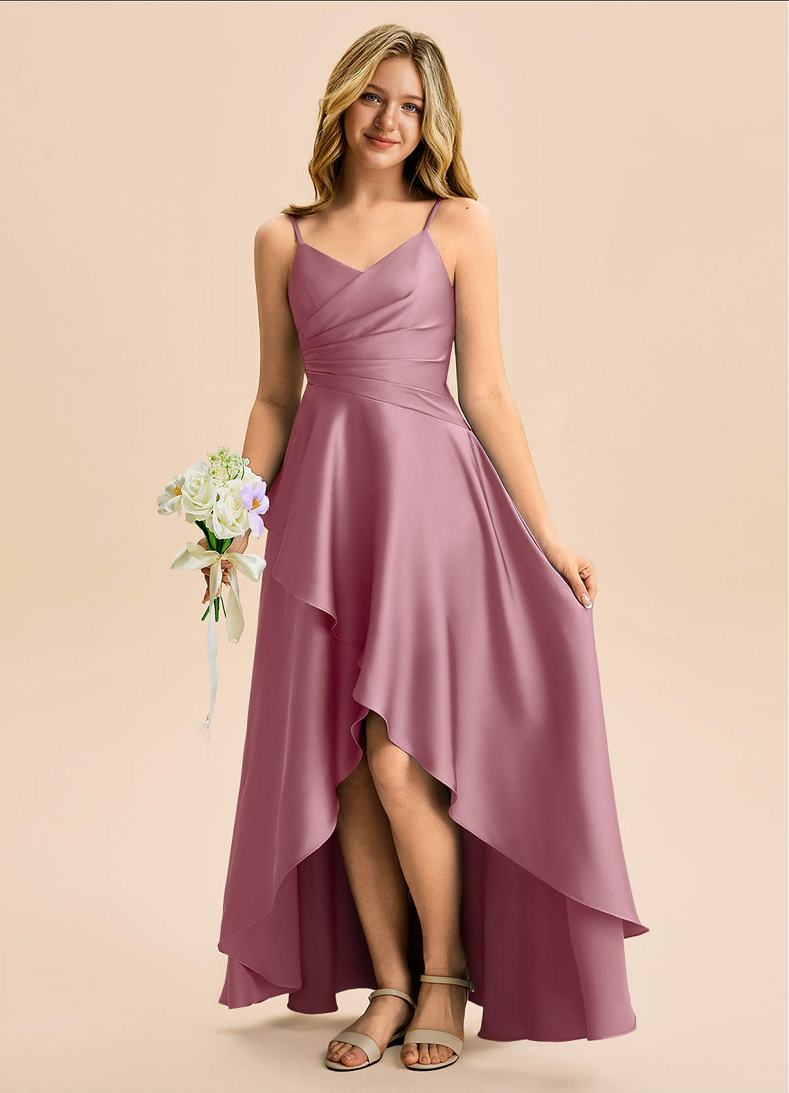 green emerald velvet dress Royal Blue High Low Junior Bridesmaid Dress,Satin Girls Special Occasion Dress,JB00057, J14 / Burgundy main image 1