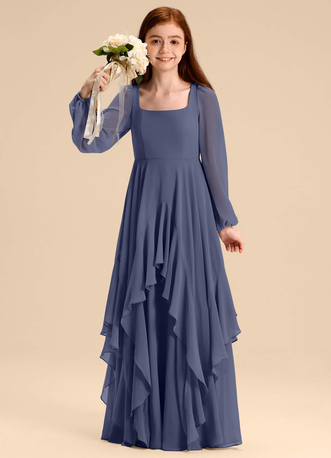 Azazie Clara Junior Abito A-Line in Chiffon Blusa Stormy image1