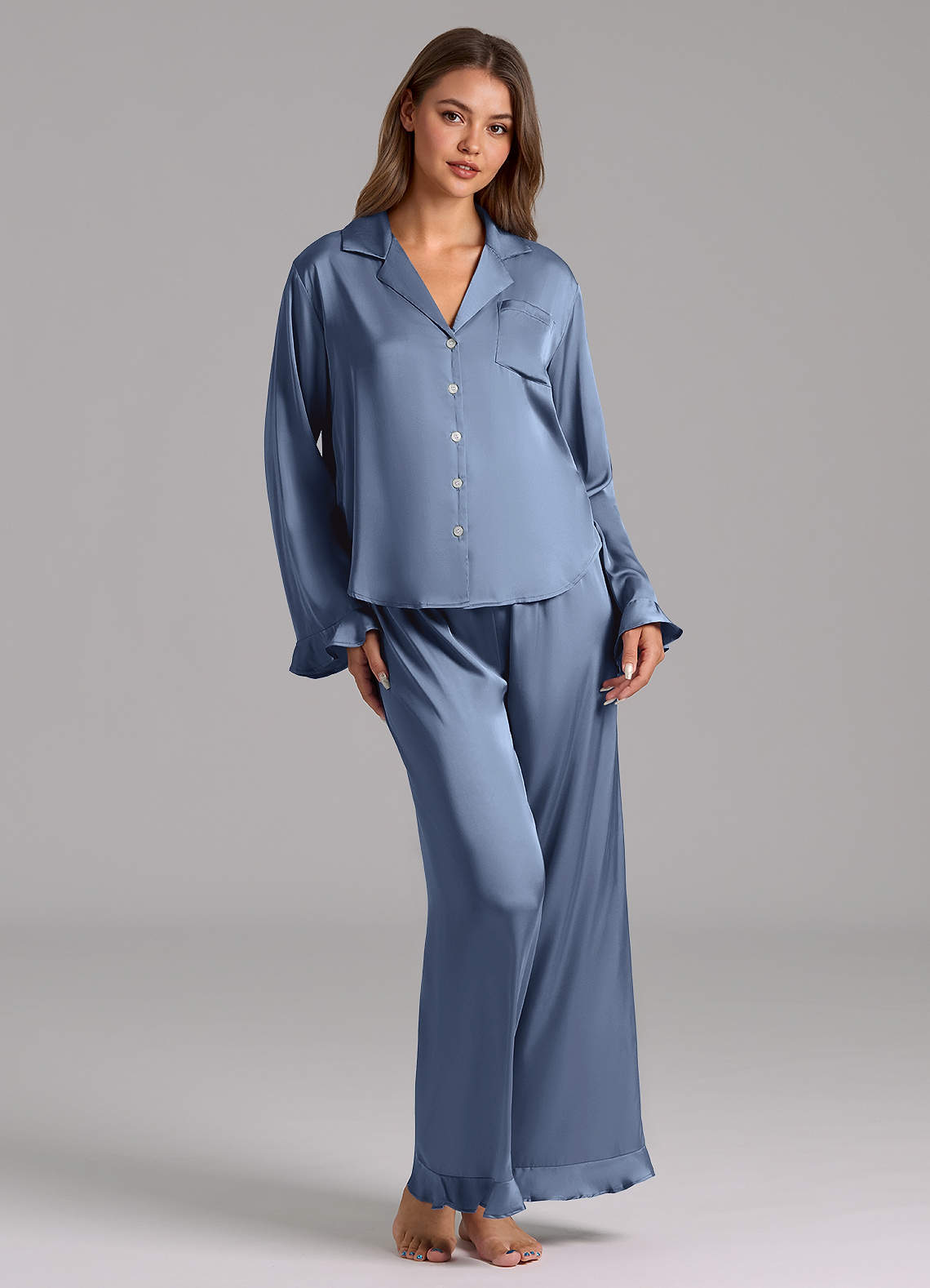 front Matching Color Ruffled Satin Long Sleeve Pajama Set
