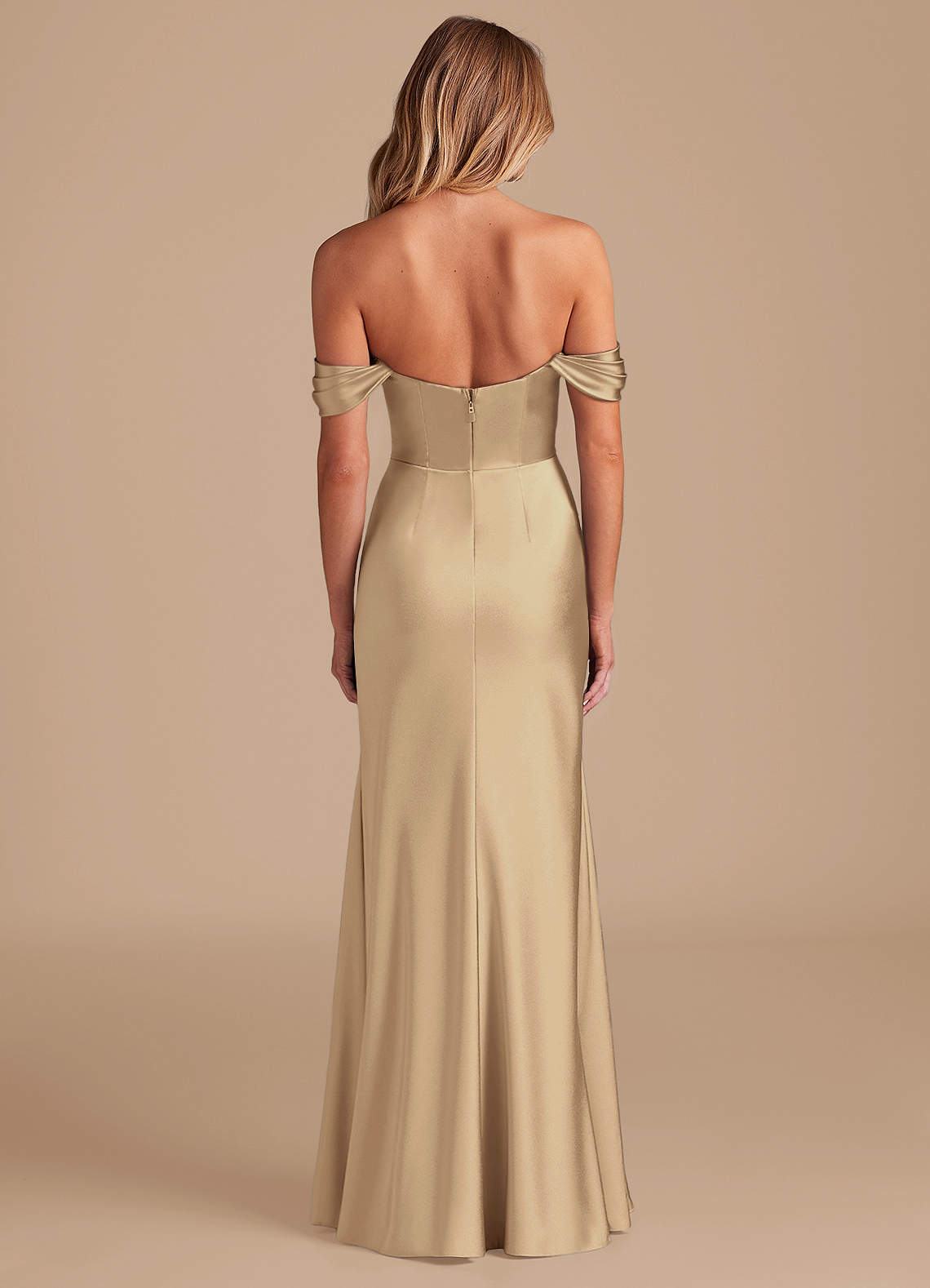 Azazie Saige Bridesmaid Dresses Champagne A-Line Off the Shoulder Metallic Satin Convertible Dress image3
