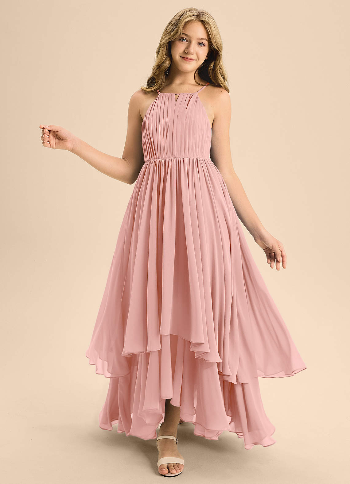 Azazie Elliora Junior Rosette A-Line Pleated Chiffon Dress image1