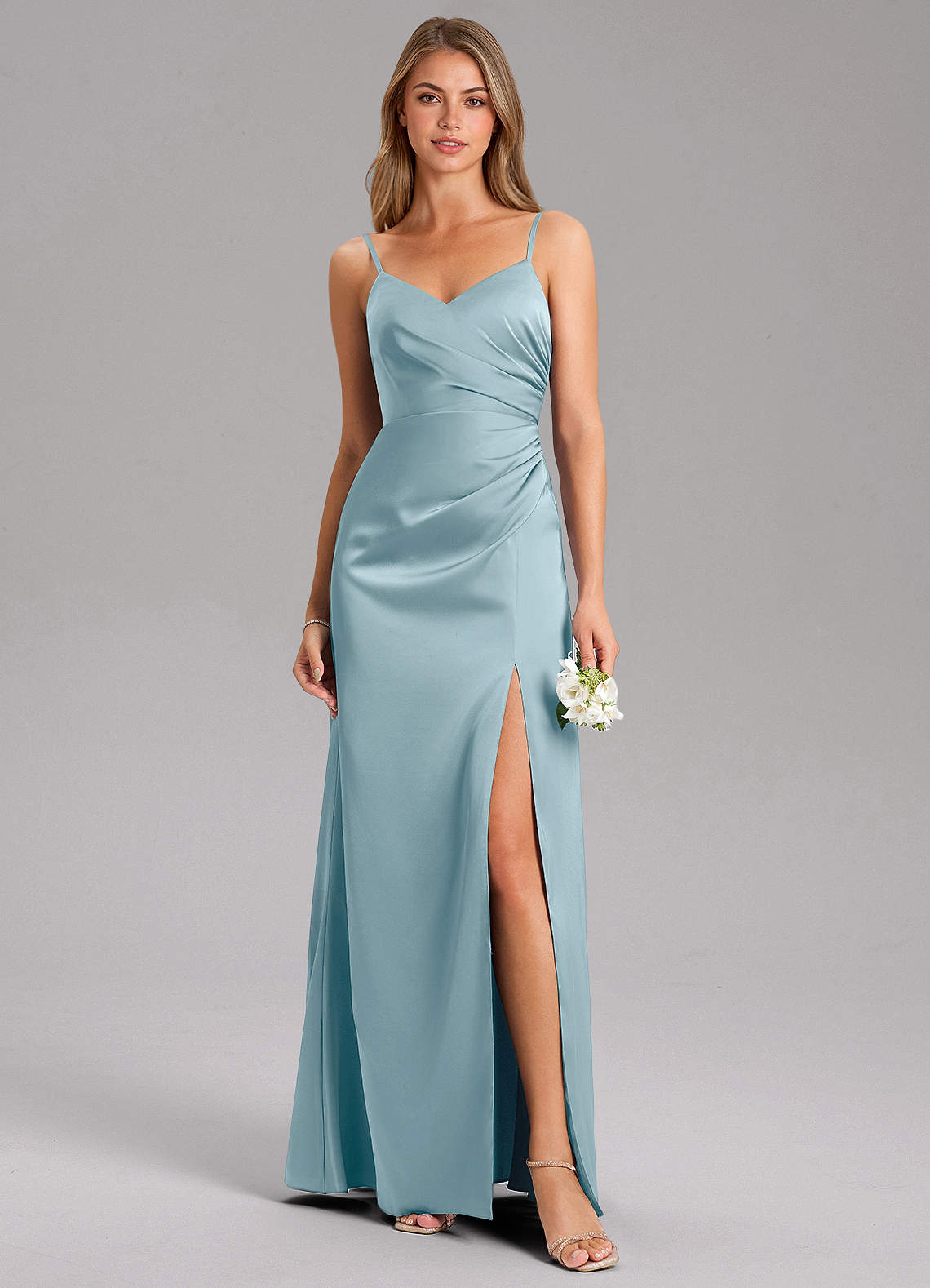 Azazie Azuree Bridesmaid Dresses Moody Blue A-Line Pleated Stretch Satin Dress image1