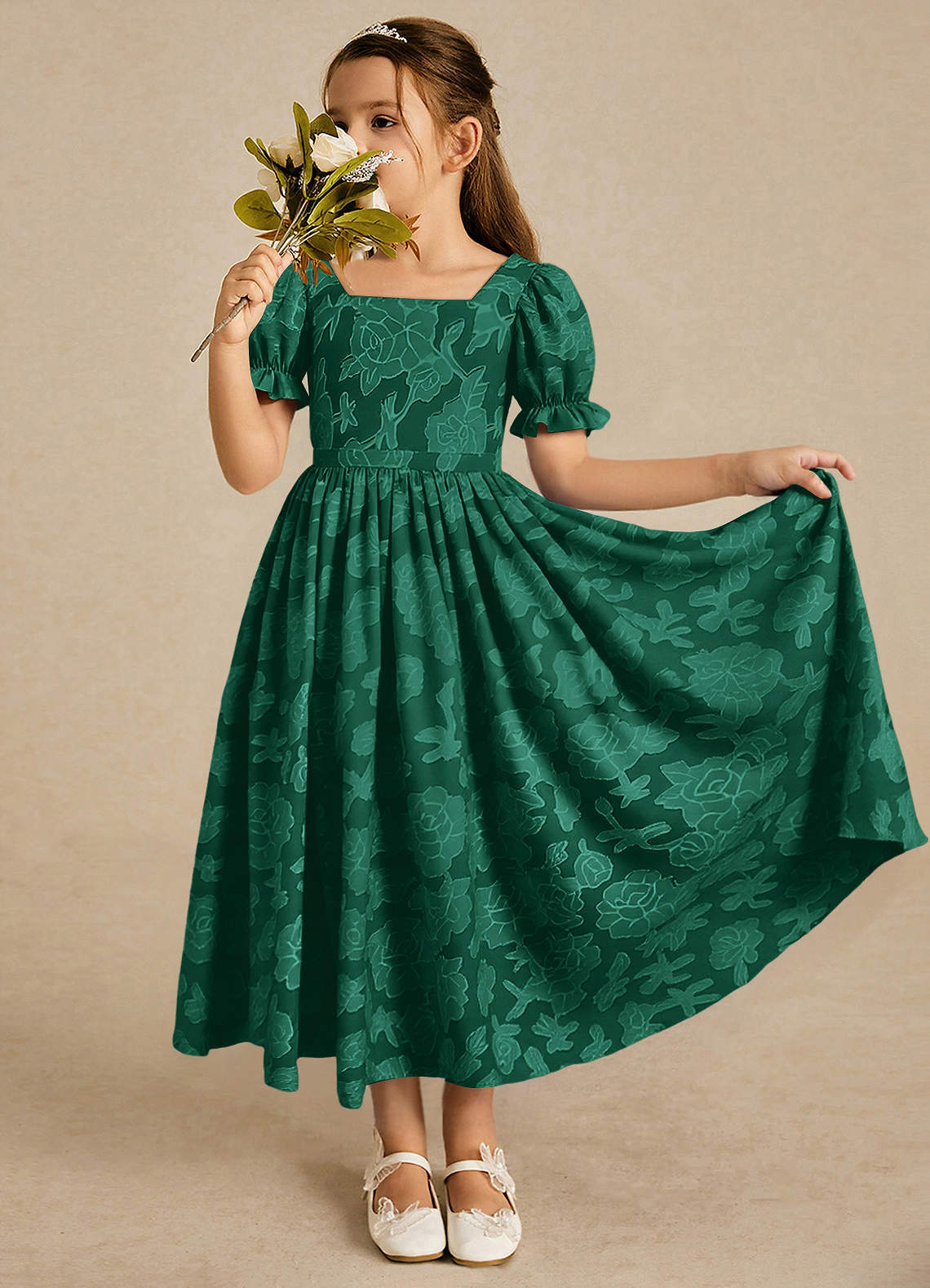 Azazie Joss vestidos de niña de las flores Vestido de Esmeralda de Devorado Floral de Corte En A con Con mangas image1