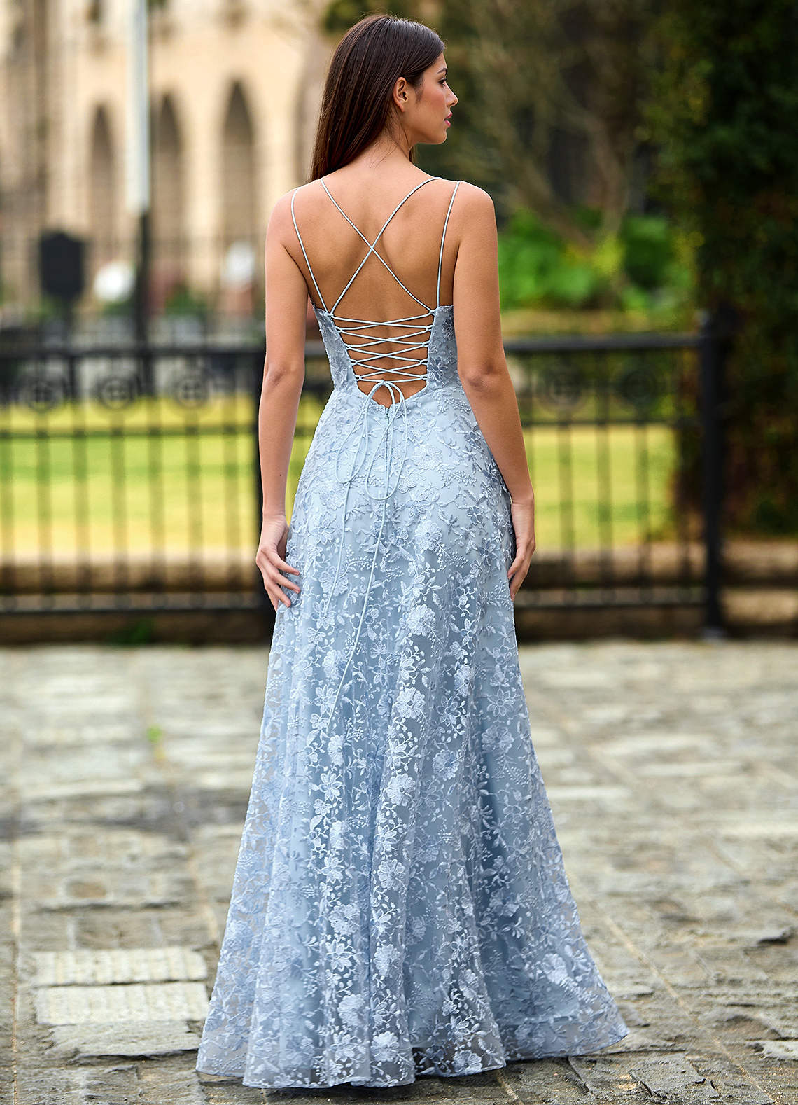 Magnolia Sky Blue Sequined Lace Flowers Prom Dress | Azazie
